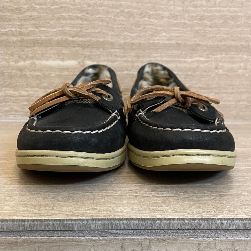 Sperry NWOT Black Flat Moccasin with Leopard Faux-Fur Lining - Picture 5 of 13